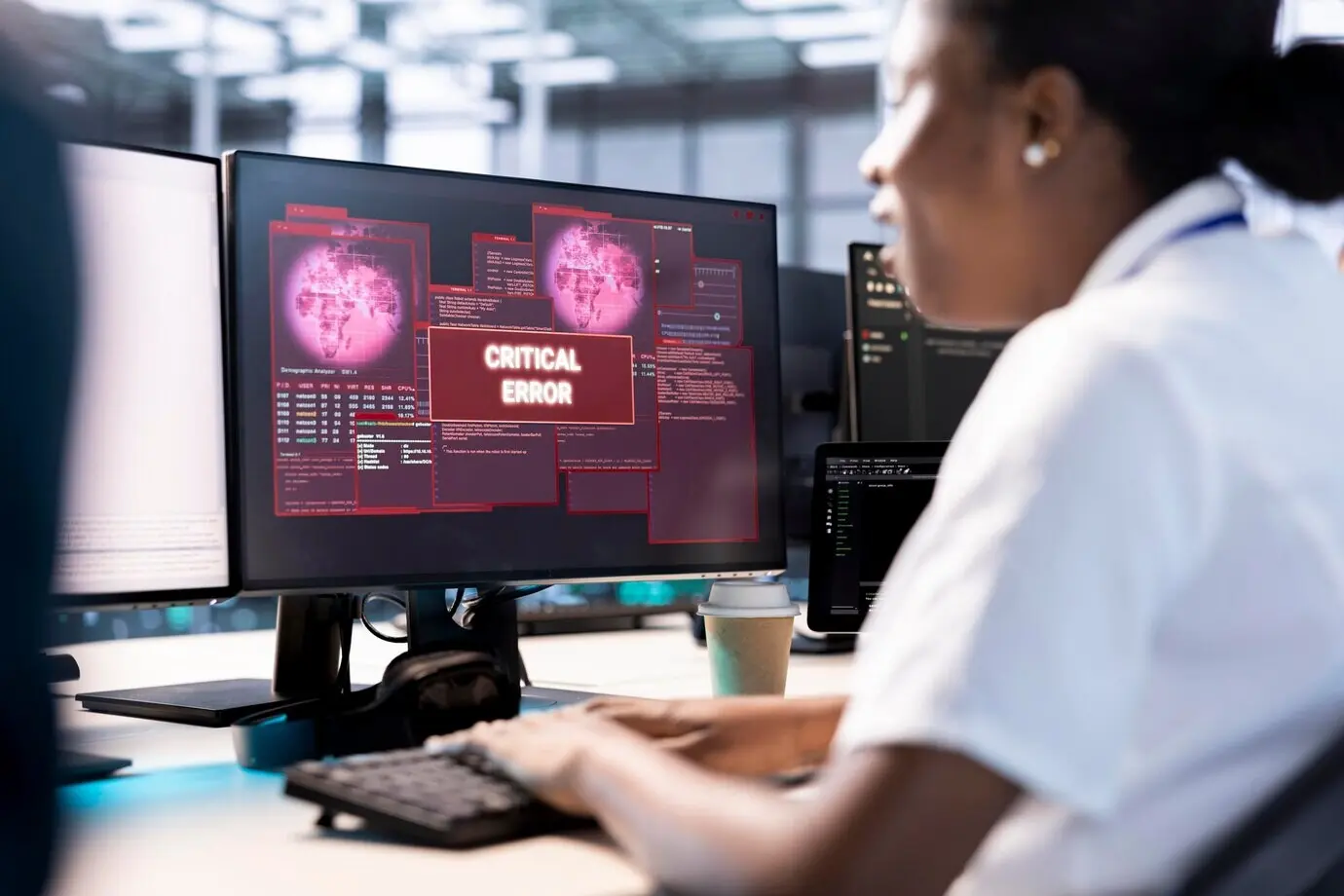 Eine Frau im Rechenzentrum benötigt die Unterstützung von Ingenieuren, um eine Sicherheitsverletzung zu beheben.