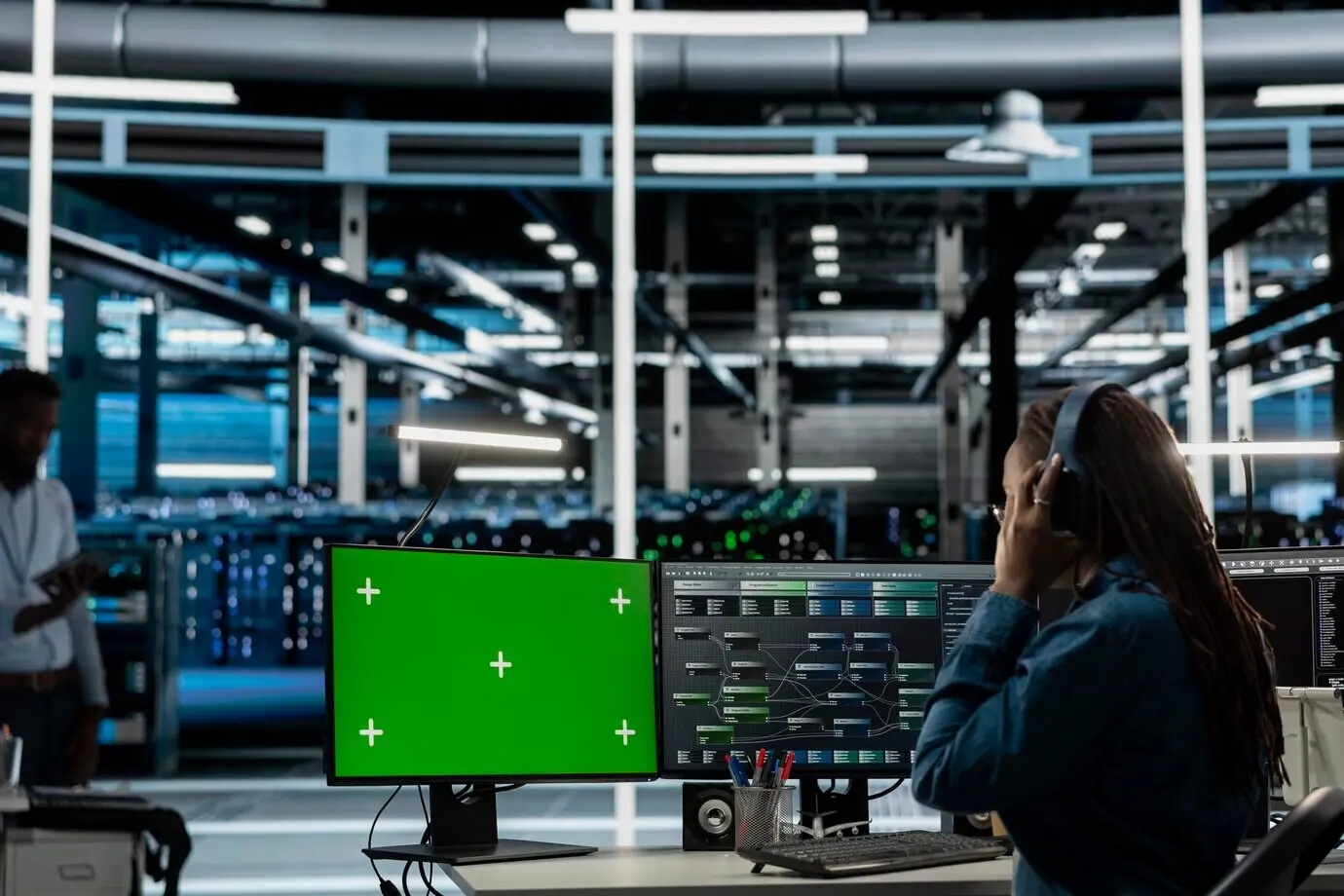 Mitarbeiter im Serverraum trägt ein Audio-Headset und benutzt einen Mockup-PC.