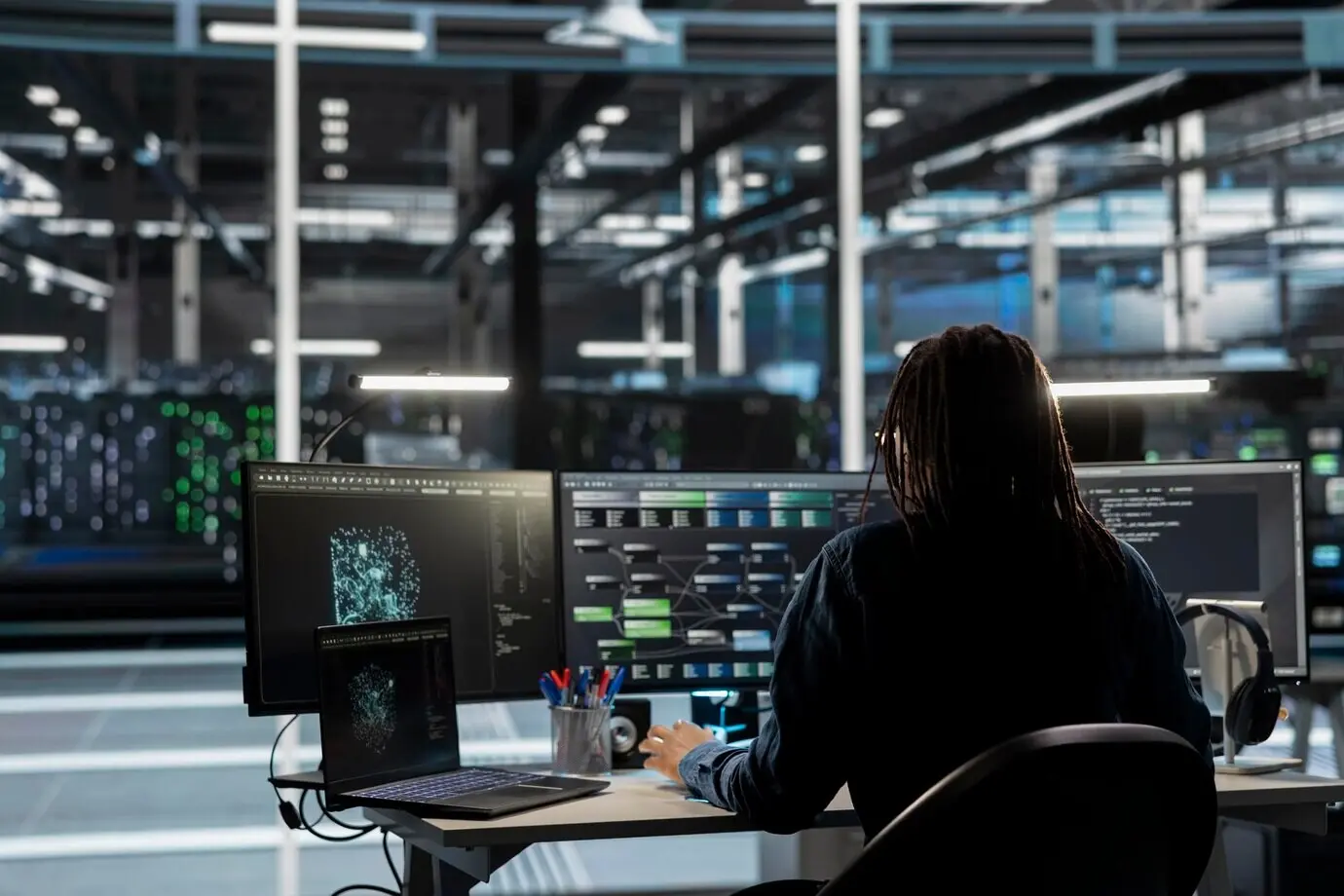 Ein Rechenzentrumsingenieur nutzt KI-gestützte visuelle Programmierung, um automatisierte Aufgaben zu überwachen.