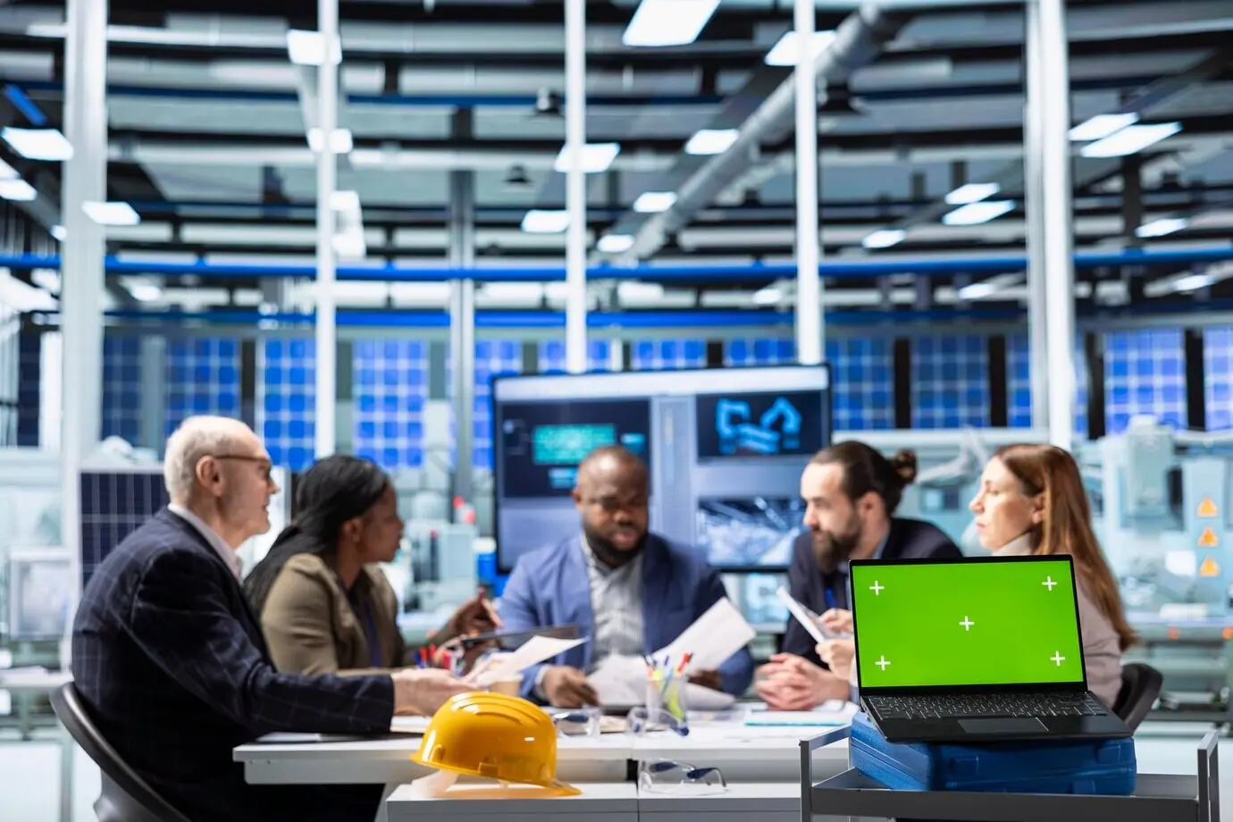 Die Fabrikleitung in einer Industrieanlage betrachtet Daten auf einem Laptop-Mockup.