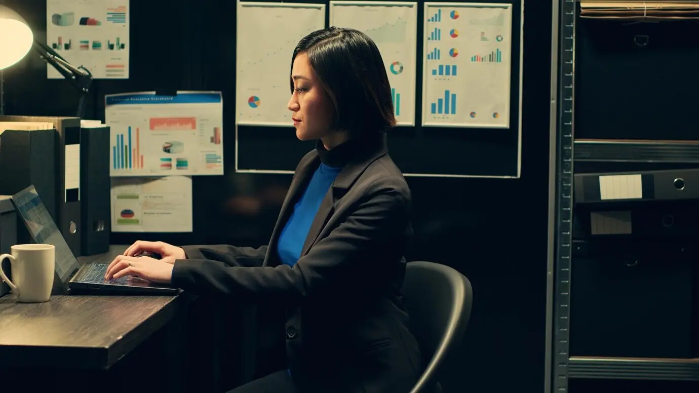 Asiatischer Privatinspektor untersucht archivierte Materialien und einen Ordner.